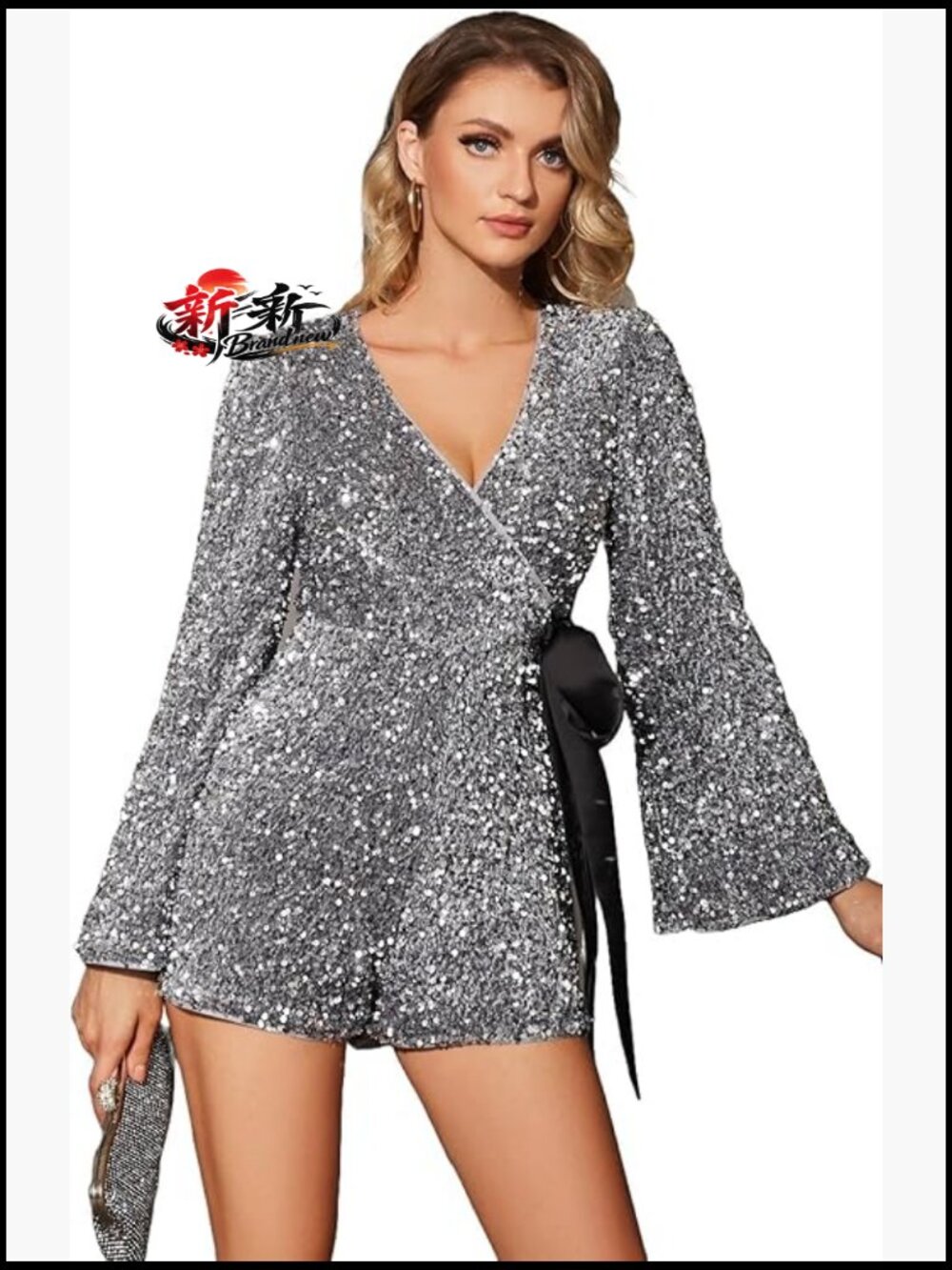 Sequin Romper Long Sleeve V-Neck Wrap Jumpsuit Disco Dance Outfit